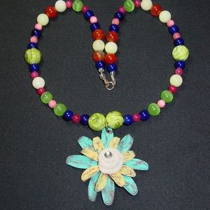 Handmade Necklace Rustic Metal Flower Focal
